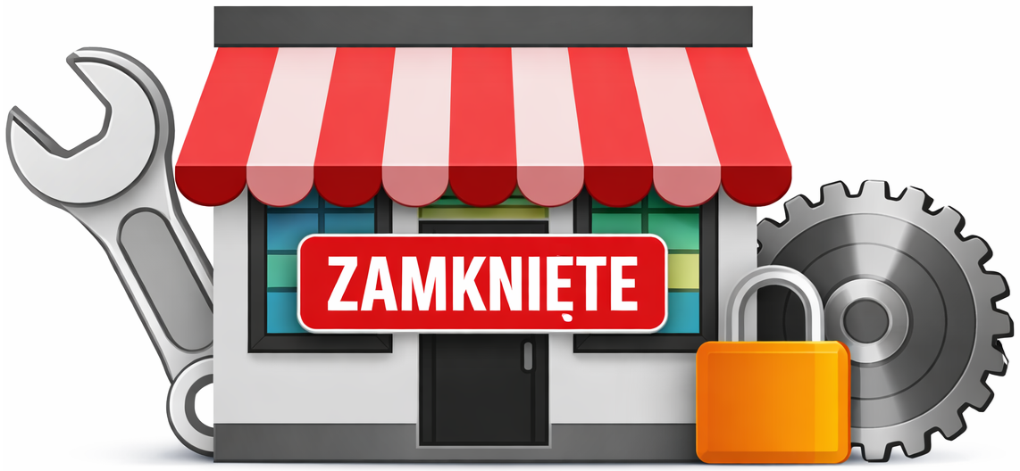 Sklep zamknięty z kluczem, piłą i kłódką